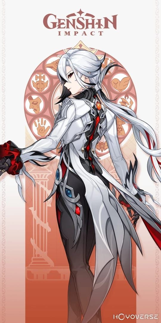 Obrázek postavy Arlecchino z Genshin Impact, zdůrazňující její kopí a Pyro design