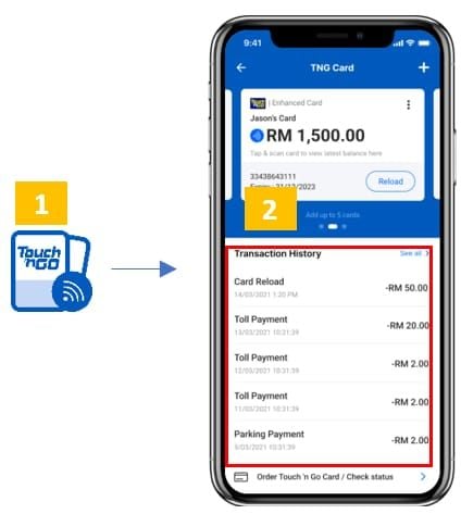 Captura de pantalla del historial de transacciones de TNG eWallet que muestra una entrada de PIN de recarga pendiente