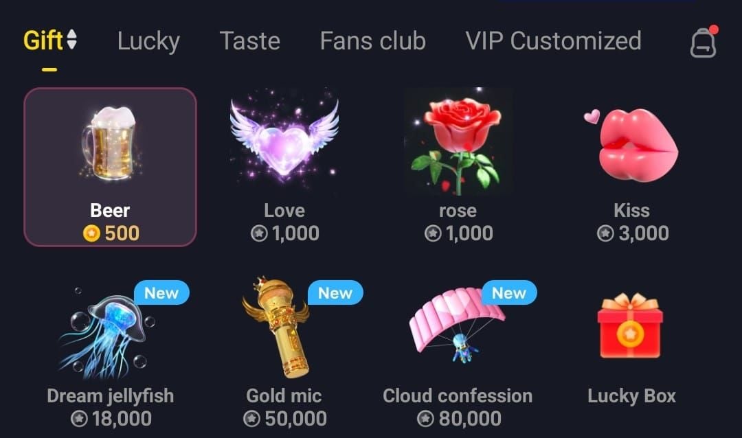 Screenshot dei regali in monete di Poppo Live, inclusi Rosa e Fuochi d'artificio