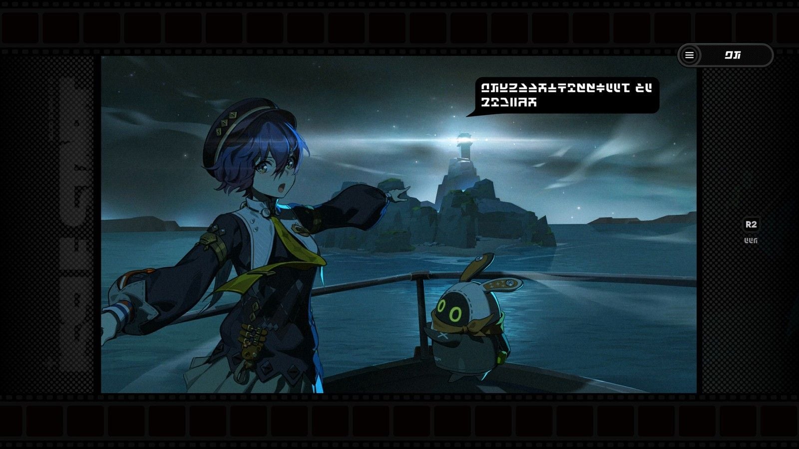 Soukaku pointing toward a lighthouse with a Bangboo companion