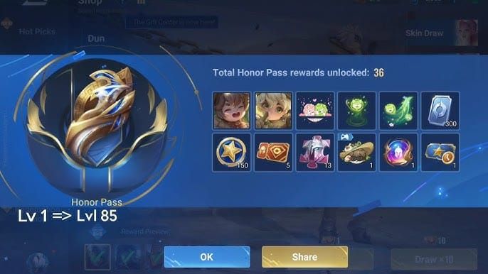 Honor of Kings Plus Honor Pass interface displaying mission-based progression and reward tiers