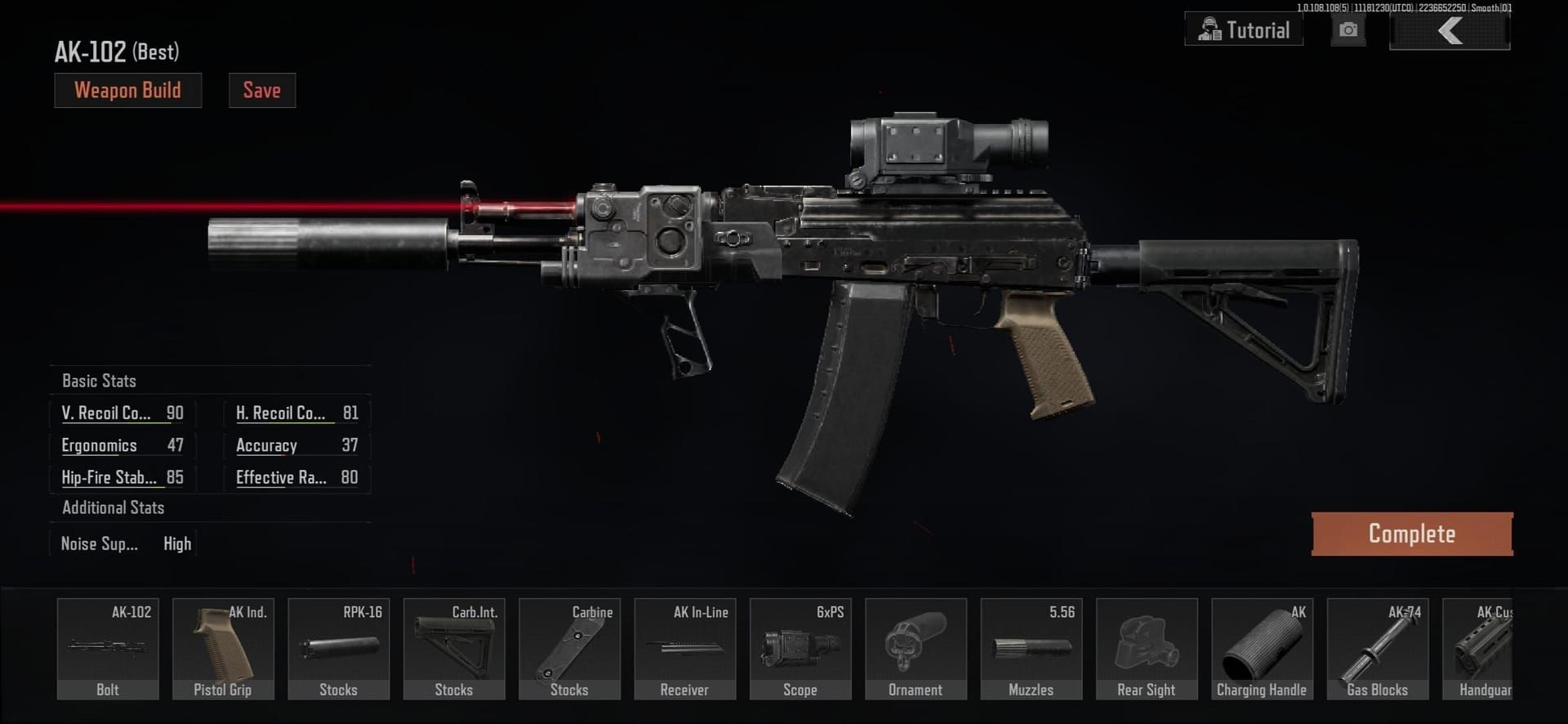 Layar modifikasi senjata Arena Breakout AK-102 menunjukkan lampiran build anggaran