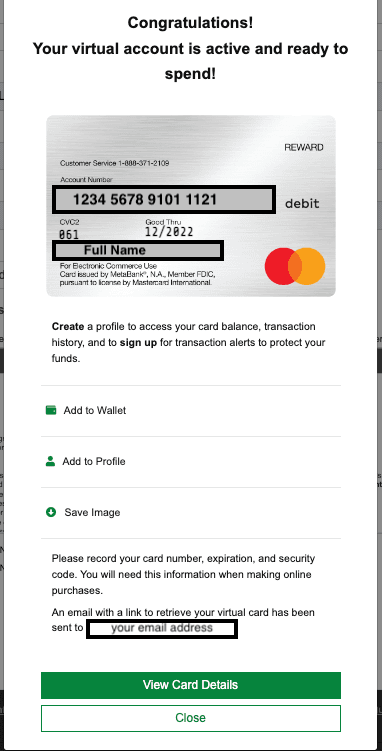 Écran d'activation de carte MyCard affichant les champs du numéro de carte et du mot de passe