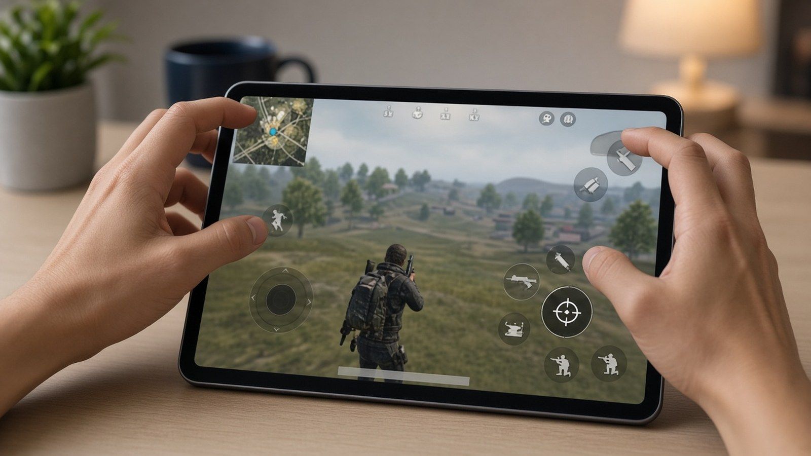 Multi-finger claw grip on a tablet in landscape