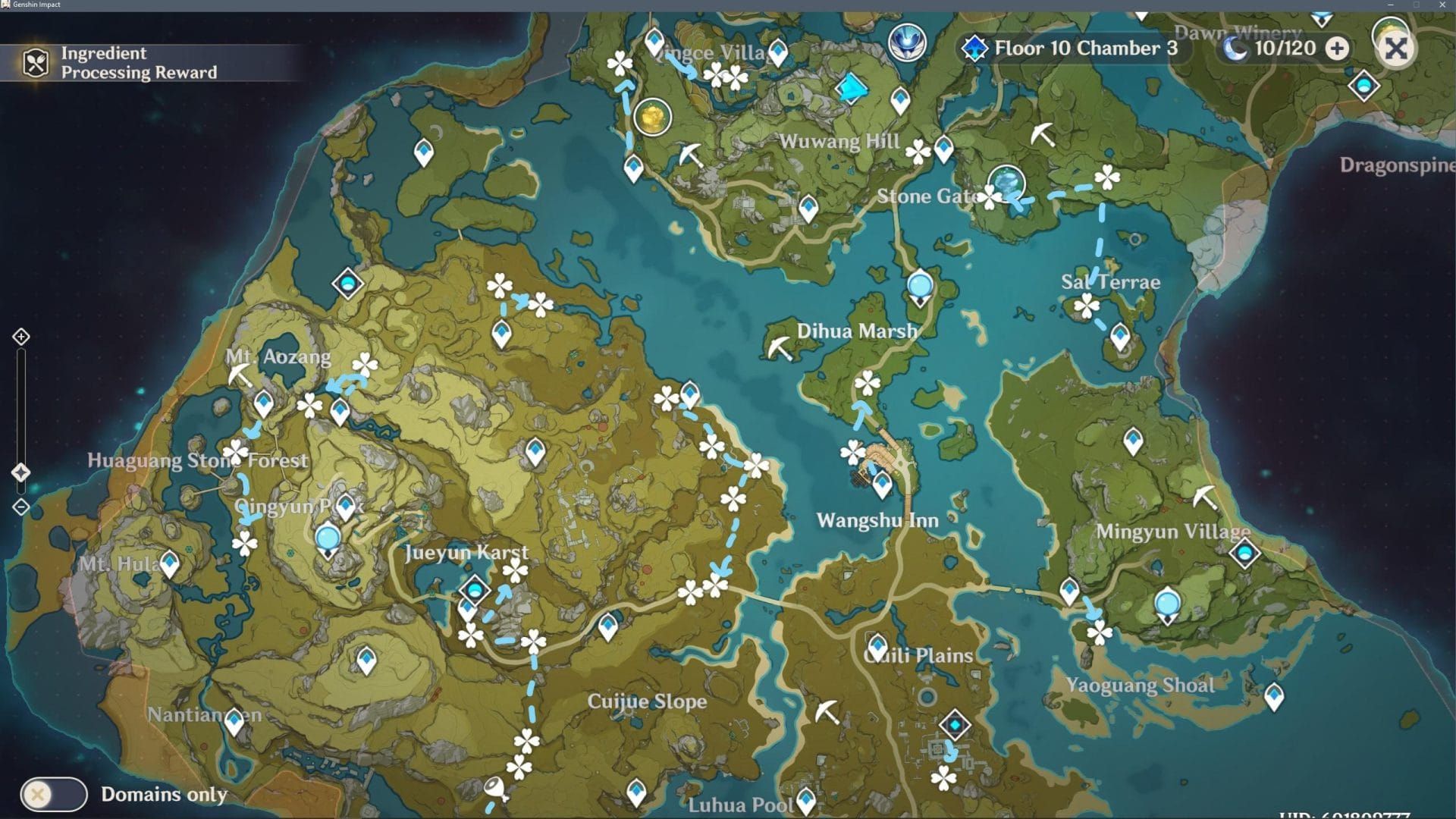 原神璃月地區每日預先刷取路線指南地圖,包括琉璃百合和愚人眾敵人