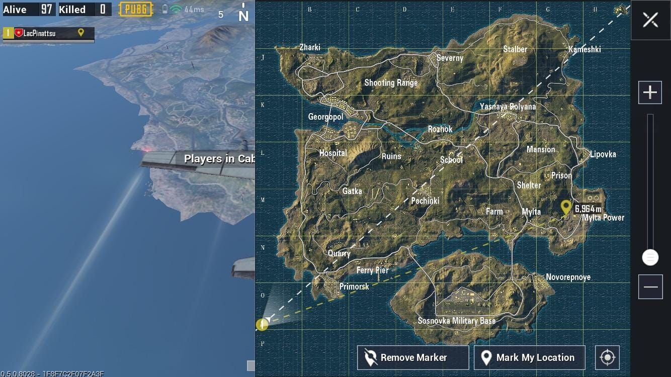 PUBG Mobile map interface displaying flight path and strategic drop zone analysis