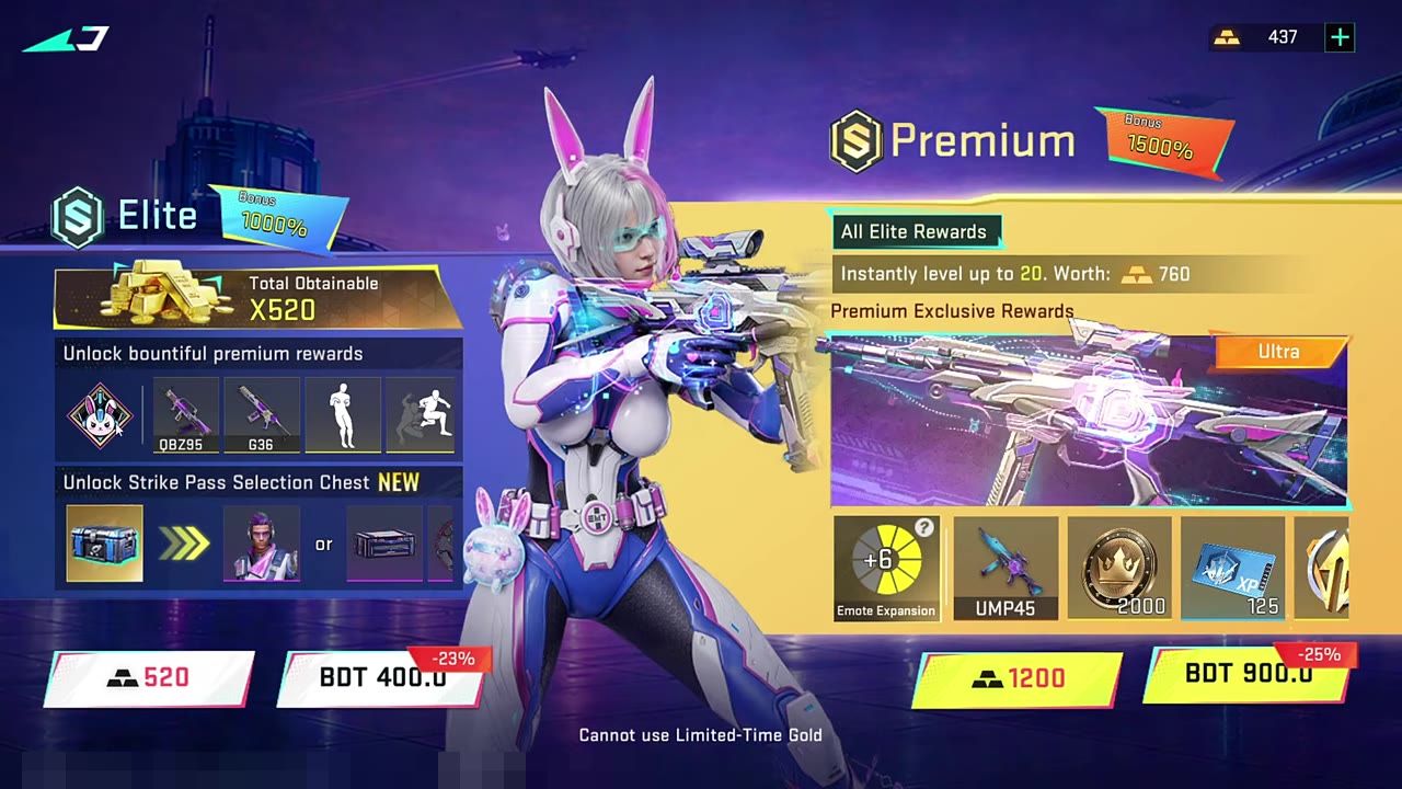 Skrin pembelian Strike Pass Bunny Force Blood Strike yang membandingkan Elite untuk 520 Gold dan Premium untuk 1200 Gold