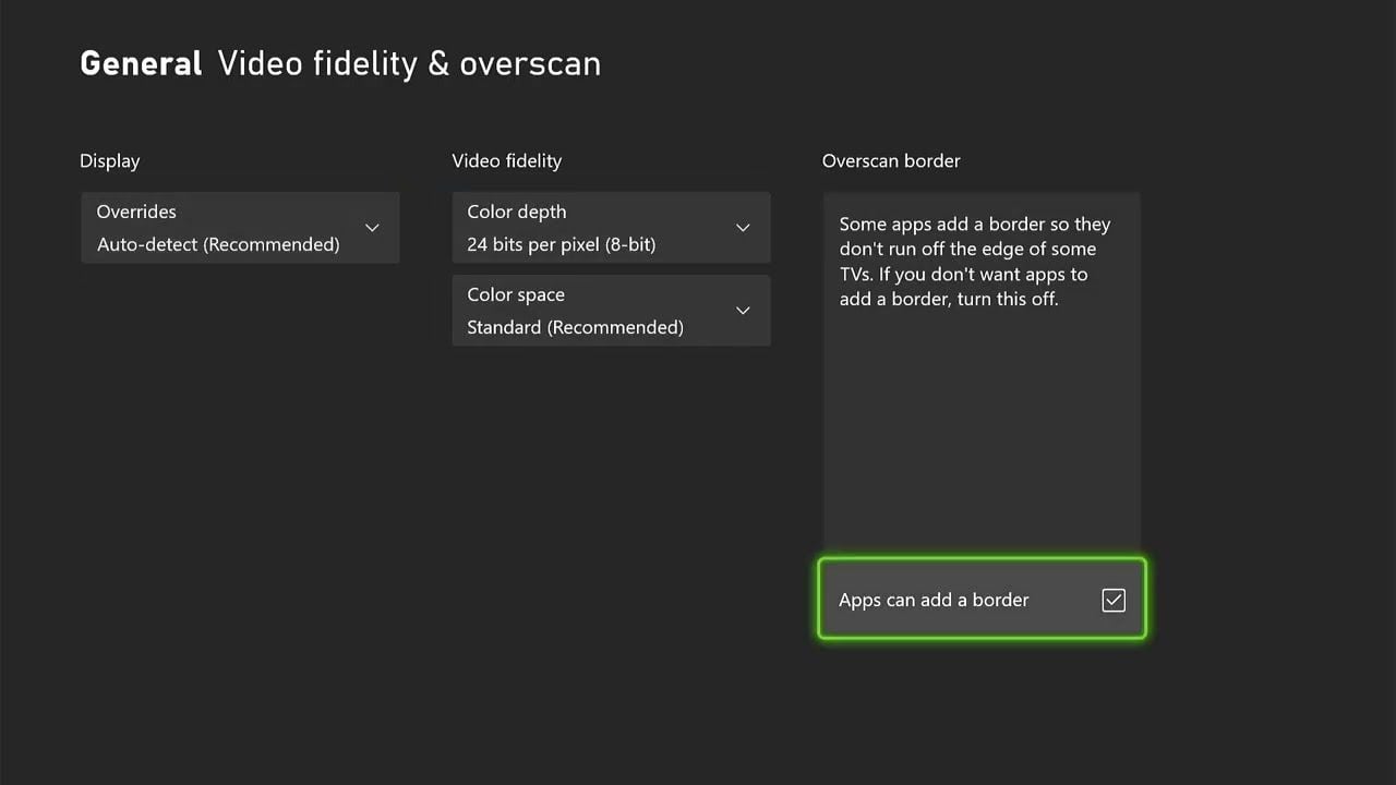 Xbox Series S display settings menu showing color depth and video fidelity options