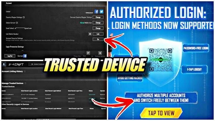 PUBG Mobile account security interface with two-factor authentication options