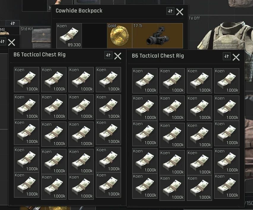 Arena Breakout inventory stash showing organized gear and chest rigs