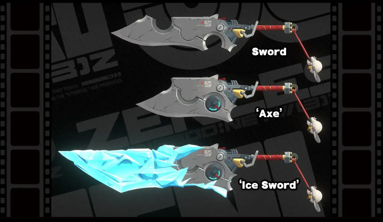 젠레스 존 제로에서 자오의 변형 가능한 무기가 다양한 형태로 변하는 모습