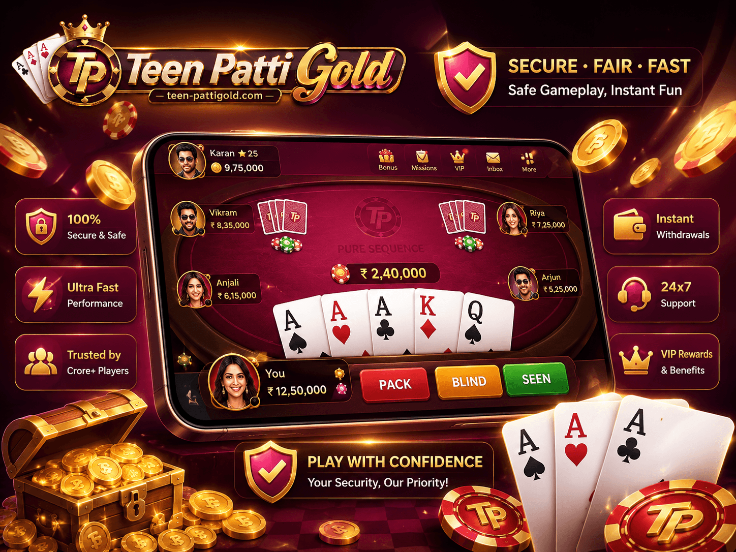 Widok rozgrywki przy stole Teen Patti Gold