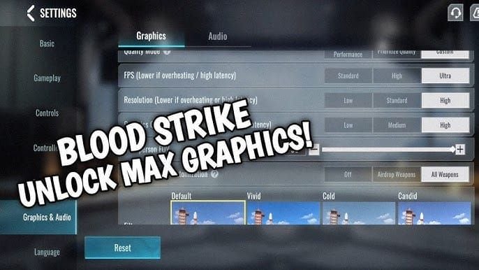 Interfaz de ajustes gráficos de Blood Strike con el menú desplegable de límite de FPS y el interruptor de VSync