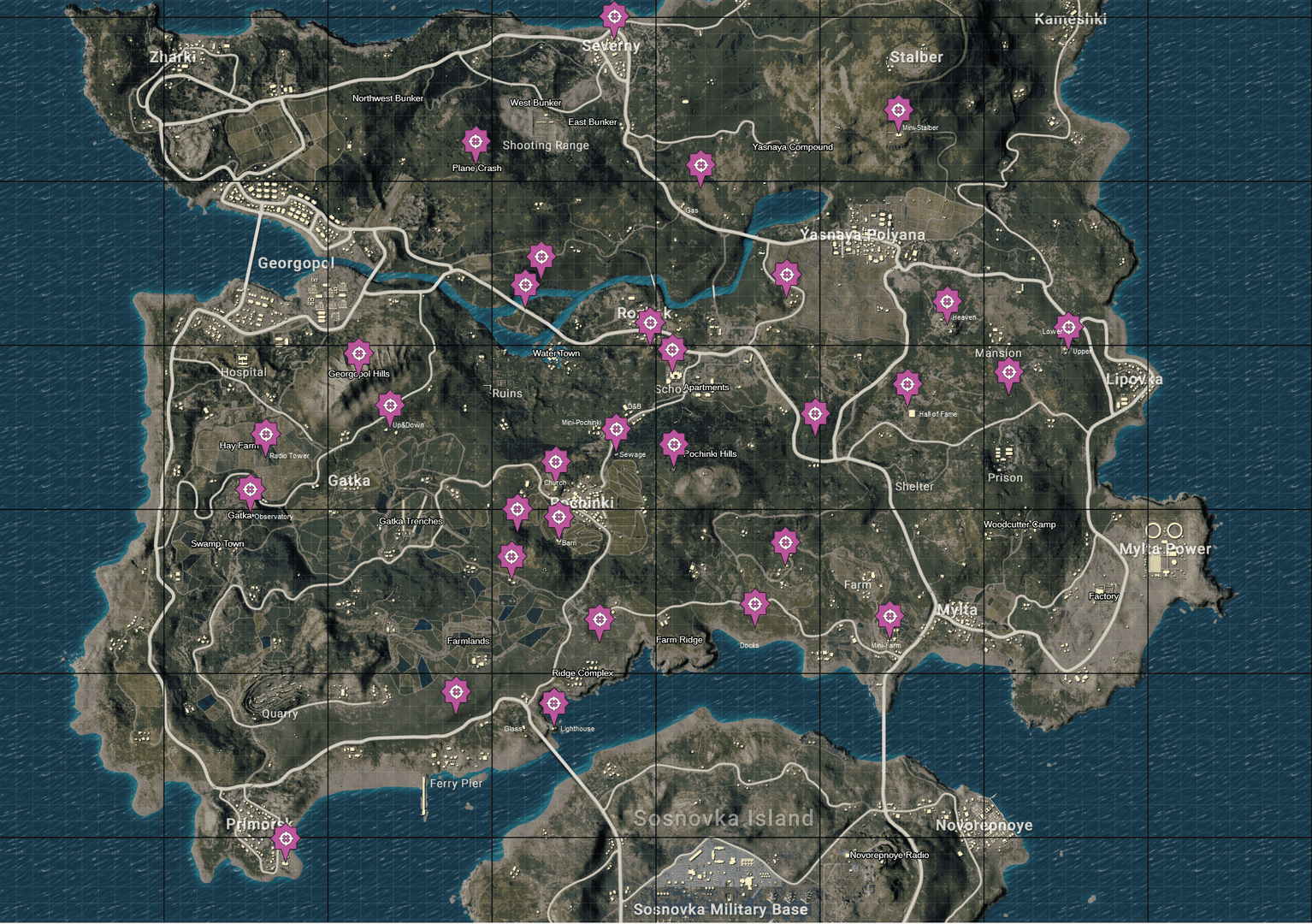 PUBG Mobile Erangel 地圖顯示 Rozhok 和 Ruins 之間的新船塢 POI 位置