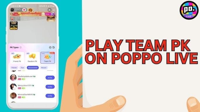 Screenshot sequence showing how to start a PK battle in Poppo Live app interface