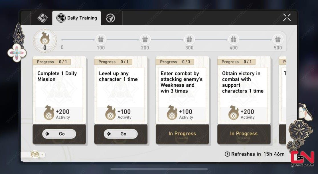 Honkai Star Rail Daily Training missions screen showing available tasks and Stellar Jade rewards