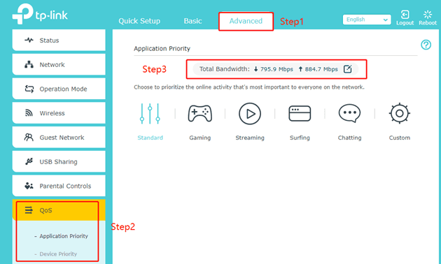 Router QoS configuration interface showing gaming device priority settings