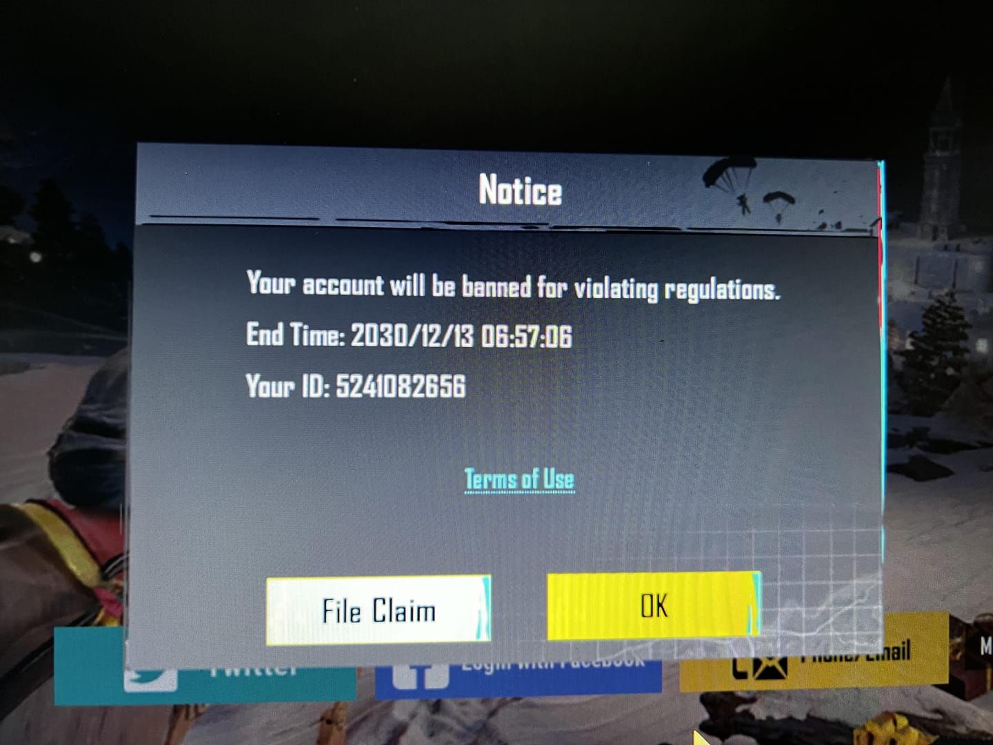 PUBG Mobile account suspension warning screen due to payment issues