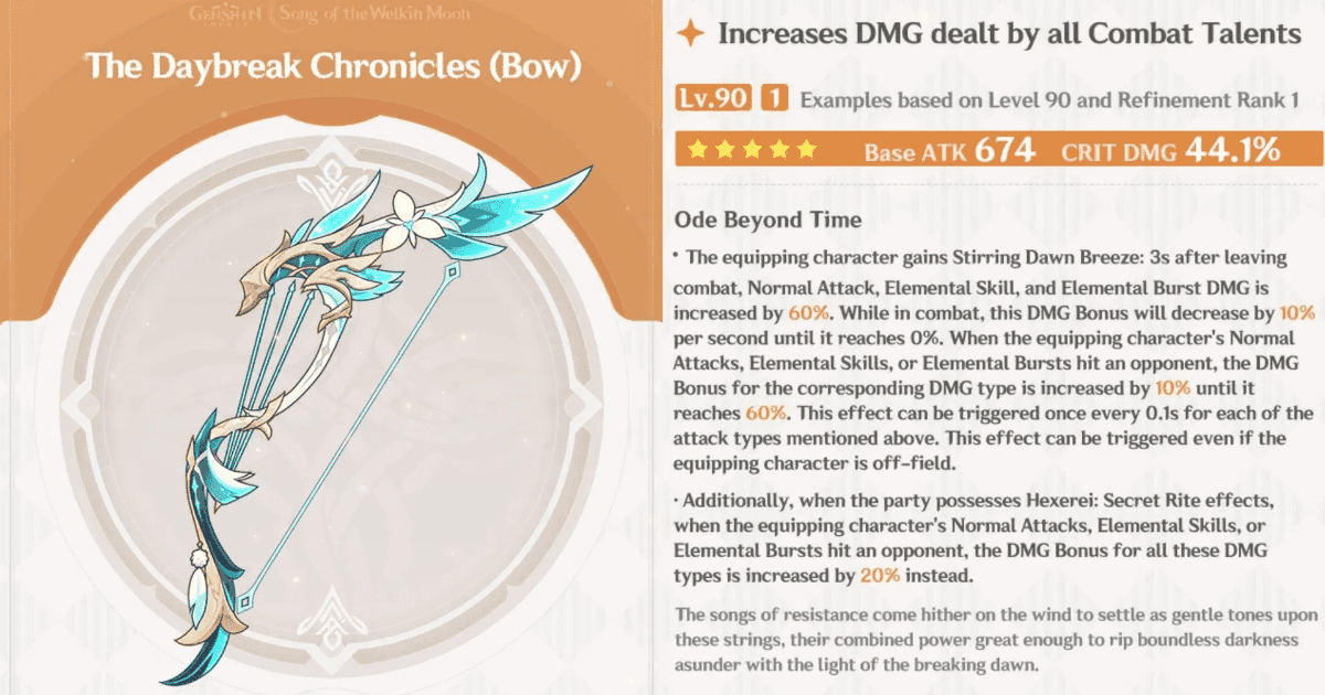 Bogenwaffe Chroniken des Tagesanbruchs aus Genshin Impact, die Werte und Design zeigt