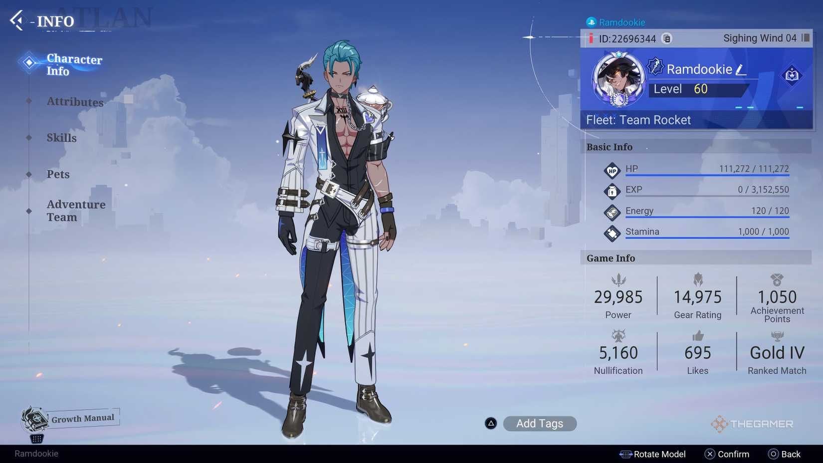 Crystal of Atlan character profile menu displaying numeric UID