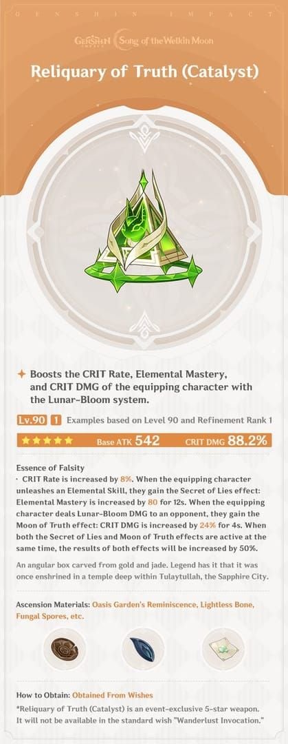 Senjata Reliquary of Truth dengan tampilan statistik yang menunjukkan serangan dasar dan damage kritikal