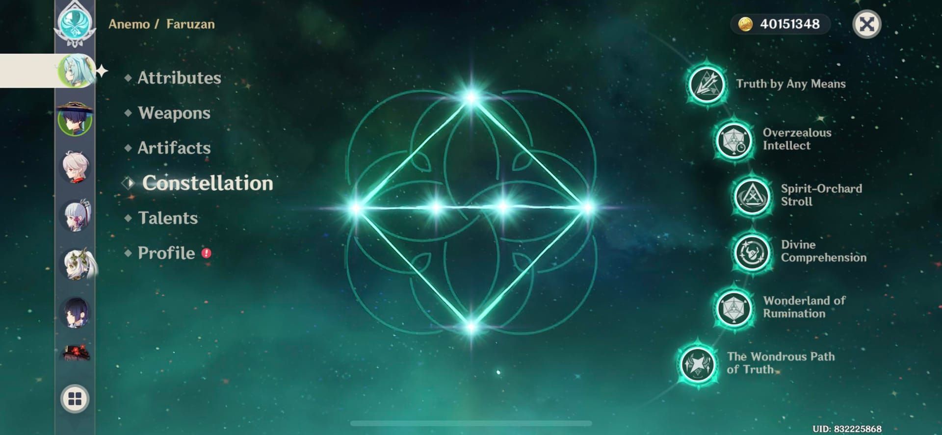 Faruzan's sixth constellation interface displaying the 40% Anemo CRIT DMG bonus and enhanced abilities