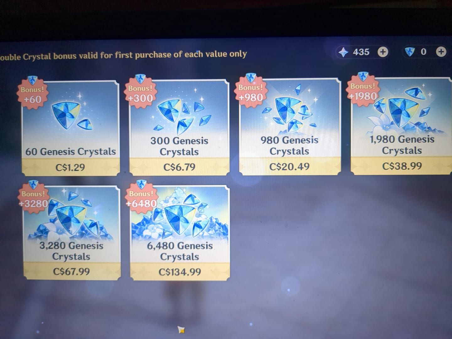 Genshin Impact in-game currency screen showing Genesis Crystals and Primogems