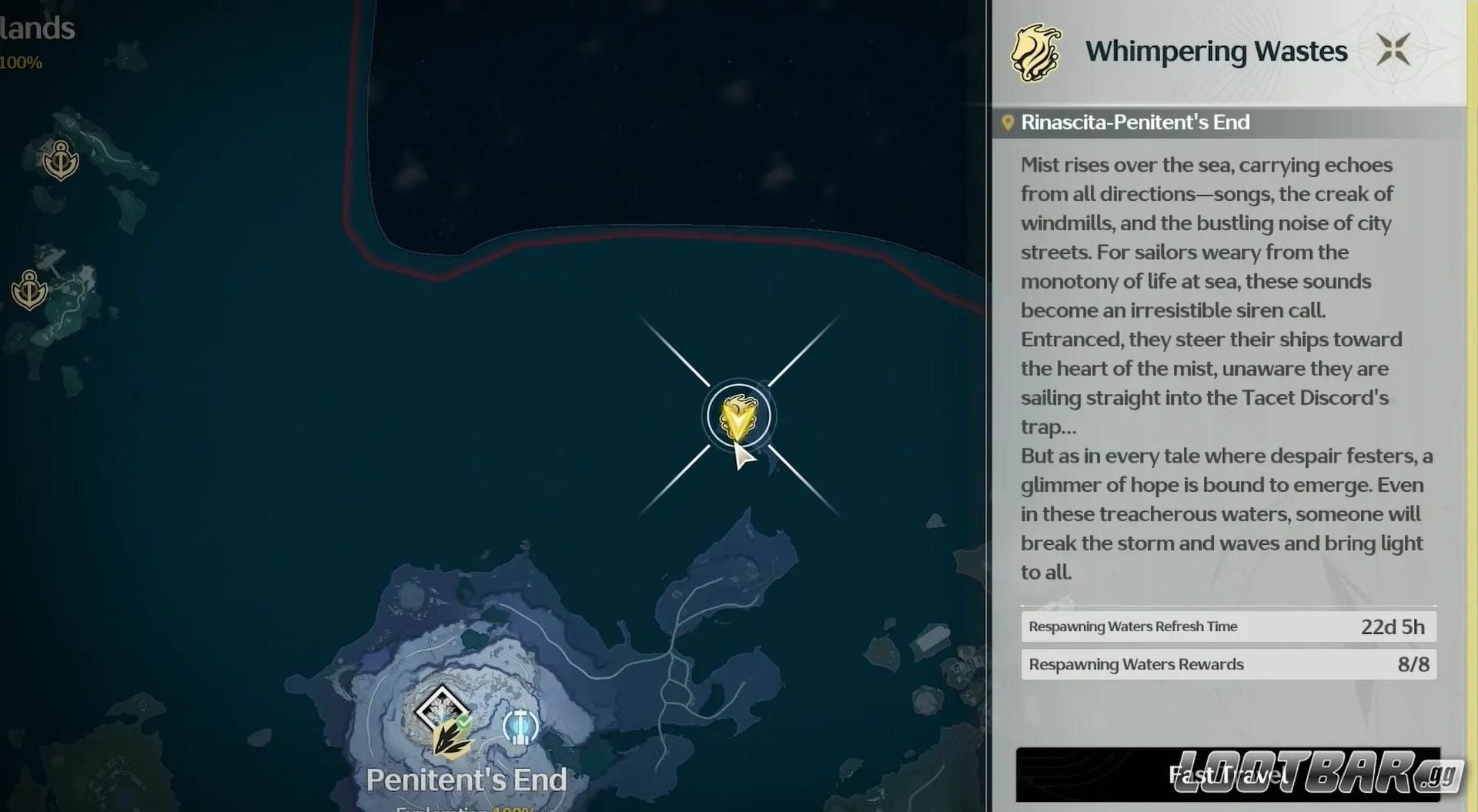 Carte des Désolations gémissantes de Wuthering Waves 3.3 montrant les coffres et balises d'exploration