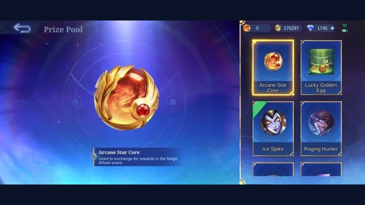 Arcane Star Core ในรายการรางวัล Magic Wheel ข้างๆ สกิน Epic ที่หมุนเวียนตามรอบ