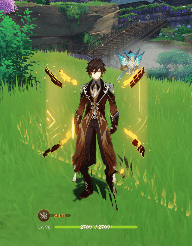 Genshin Impact Zhongli using his geo shield ability