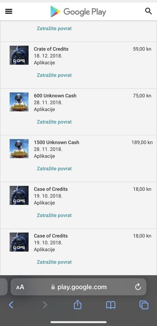 Google Play purchase history screen highlighting PUBG Mobile UC transaction details