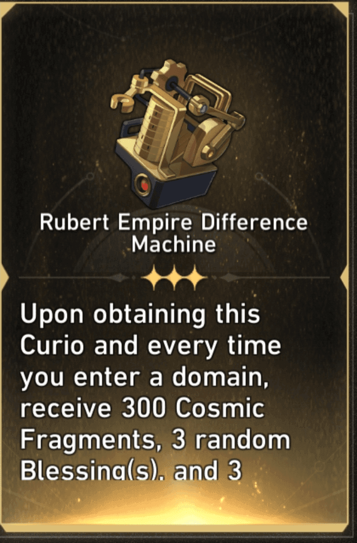 Curiosité Machine à Différences de l'Empire Rubert de Honkai Star Rail avec des bonus de statistiques détaillés