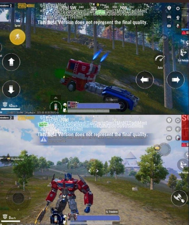 PUBG Mobile Transformers Mode transformation sequence guide showing vehicle to robot conversion process