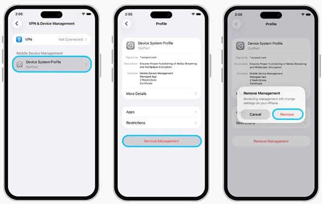 Tela de celular exibindo o menu de configurações de gerenciamento de dispositivos para remover telas conectadas