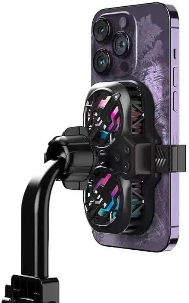 iPhone Pro with cooling fan attachment and gaming grip for thermal management