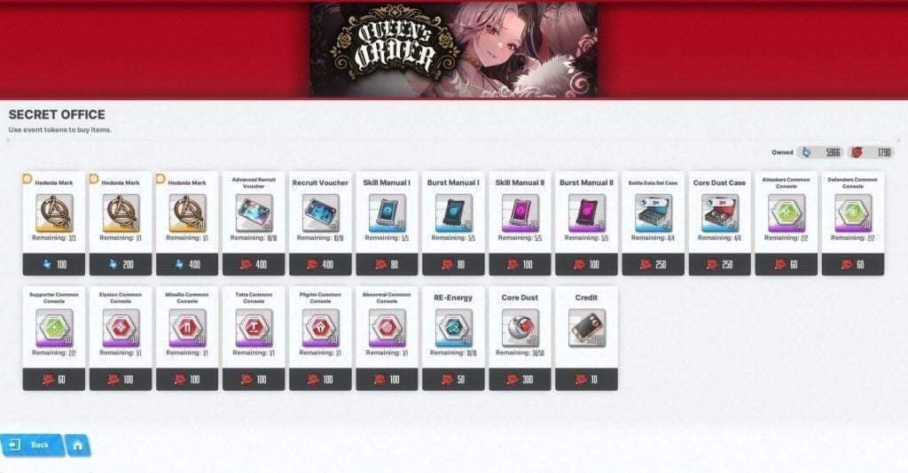 Goddess of Victory NIKKE B-SIDE IDOL event shop menu with Hairpin rewards
