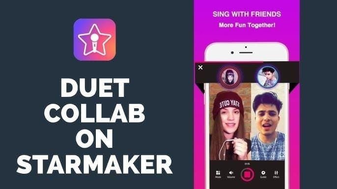 Guida alla creazione di duetti in StarMaker, evidenziando il pulsante di ricerca e duetto