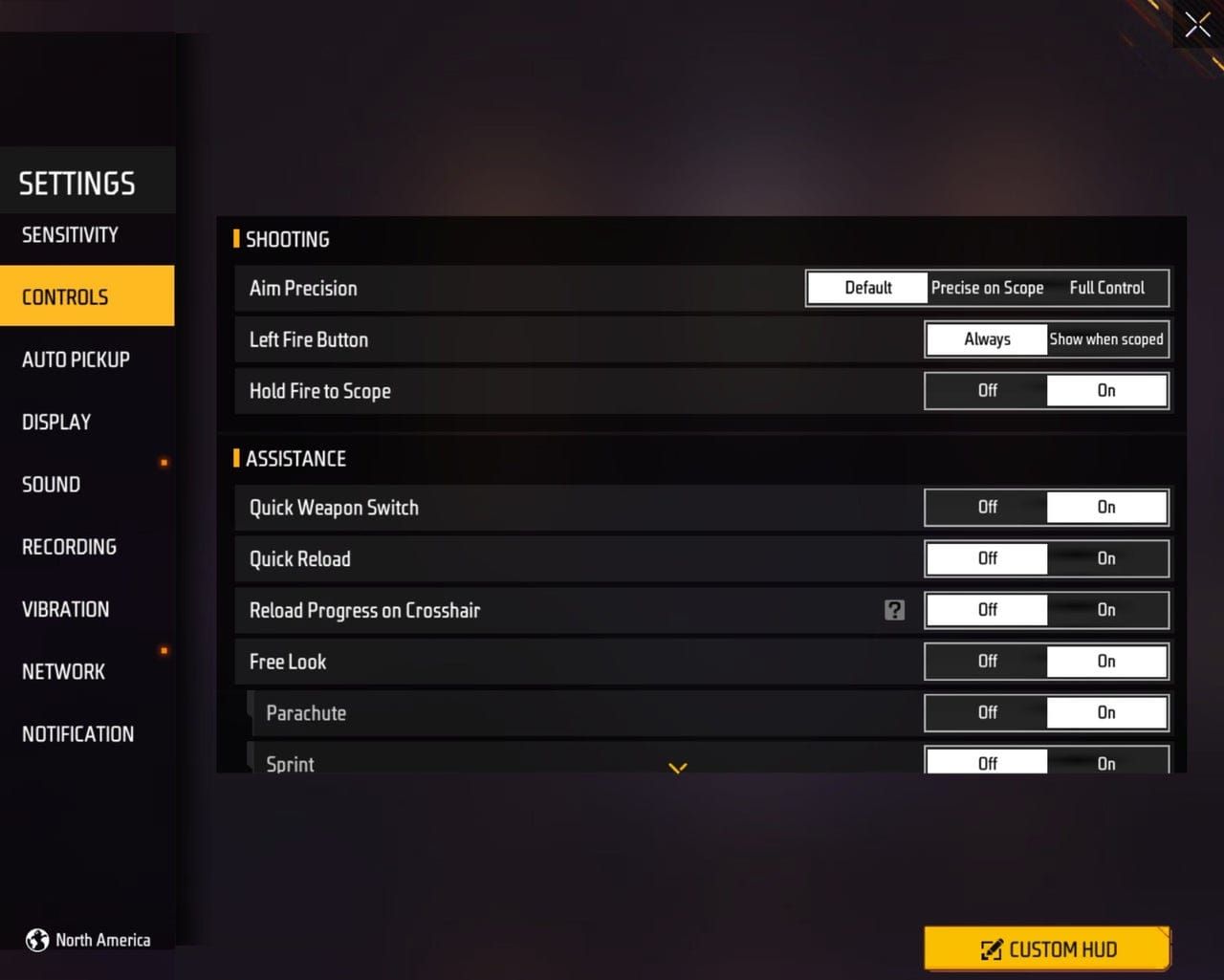 Professional Free Fire player sensitivity settings chart showing recommended values for different scopes