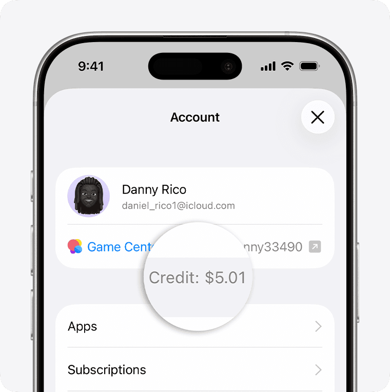 Tangkapan layar iPhone dari Apple ID Media & Pembelian dengan tampilan saldo