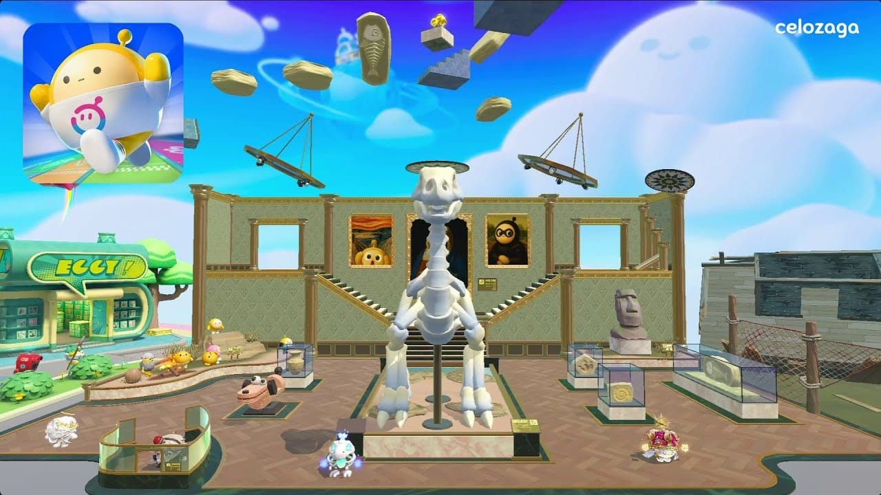 Скриншот визуальных ориентиров Нового музея в Eggy Party, включая статую дракона и фреску с фениксом