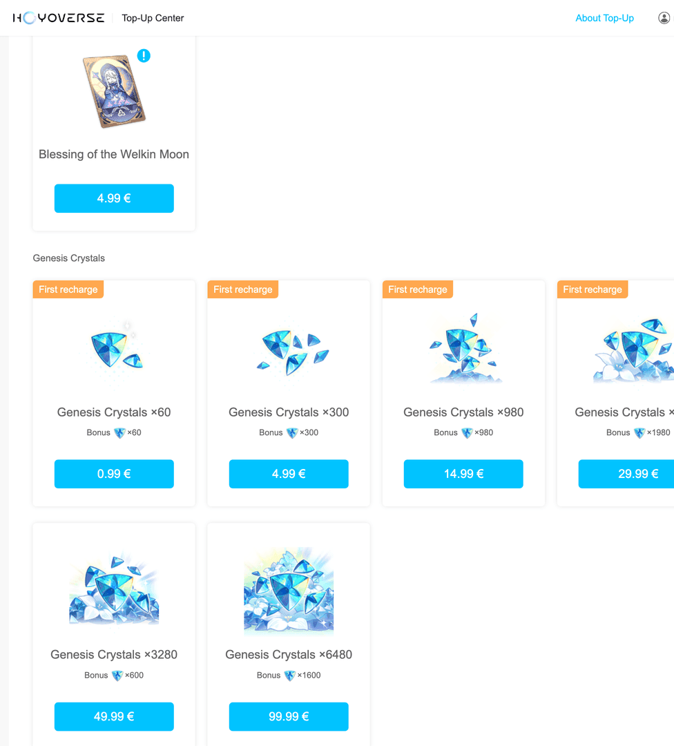 HoYoverse web Top-Up Center interface displaying multiple payment method options