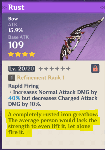 Genshin Impact Rust bow vs 5-star bows damage comparison chart