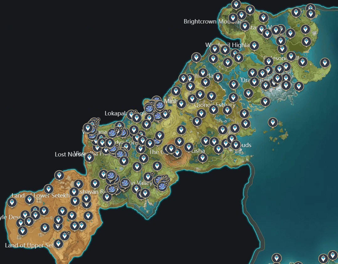 Mapa de Genshin Impact com Pontos de Teletransporte marcados para roteamento eficiente de missões
