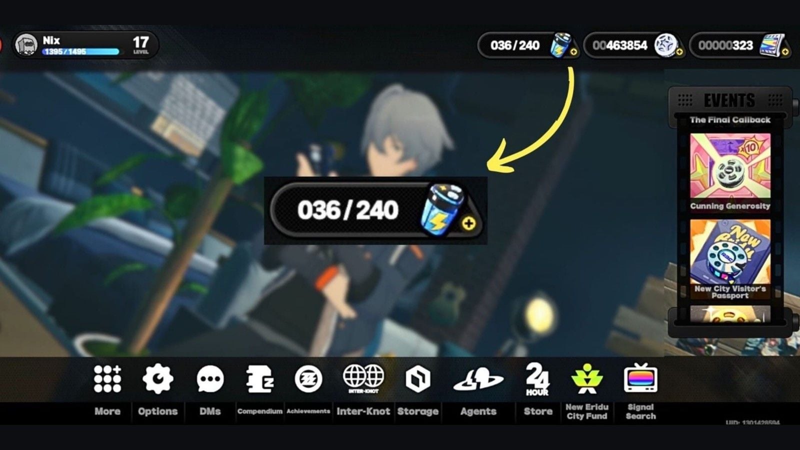 Battery Charge, Dennies, and Polychrome counters on the ZZZ main menu