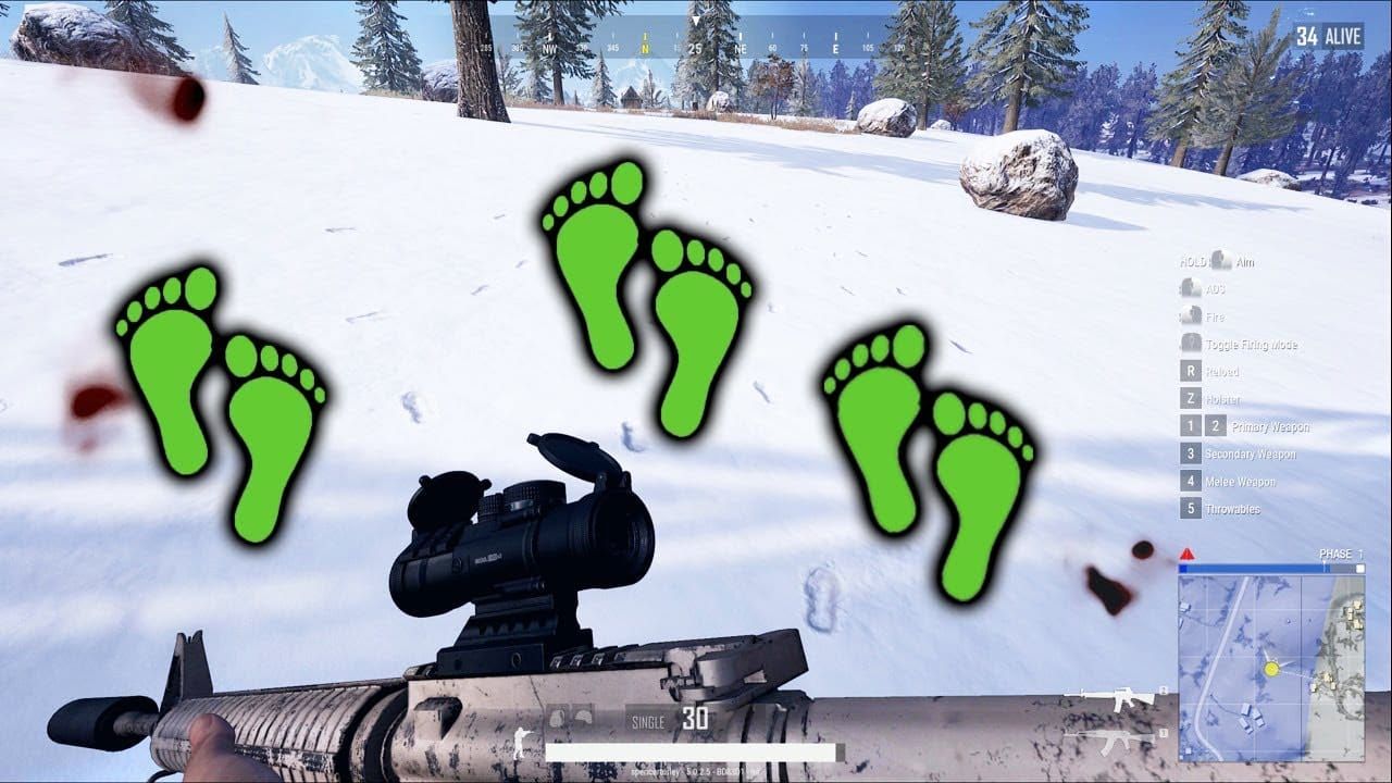 PUBG Mobile snow footprint tracking system showing enemy movement trails