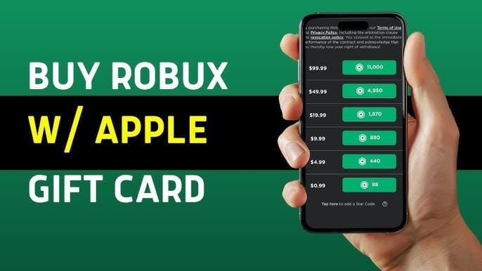 Layar pembelian Robux Roblox menggunakan saldo Kartu Hadiah Apple