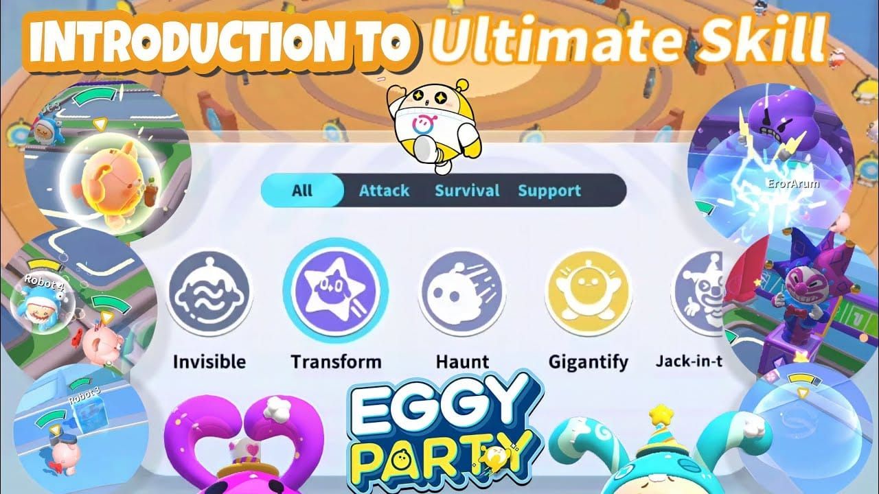 واجهة اختيار المهارات النهائية في Eggy Party تعرض فئات مهارات الهجوم والبقاء والدعم