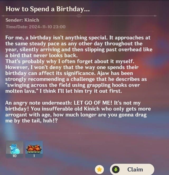 Genshin Impact birthday mail interface showing Kinich's November 11th birthday rewards