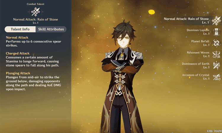 Antarmuka karakter Zhongli menunjukkan statistik build HP tinggi