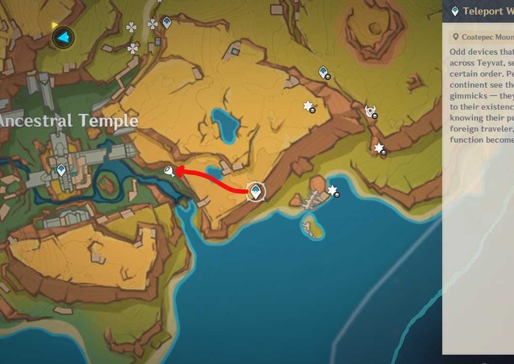 Скриншот Genshin Impact с загадкой скрытой фрески №3 в Храме предков с камерой и мишенями